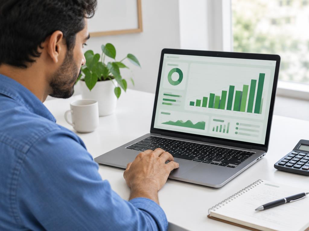 Empreendedor acompanhando dados financeiros em um notebook